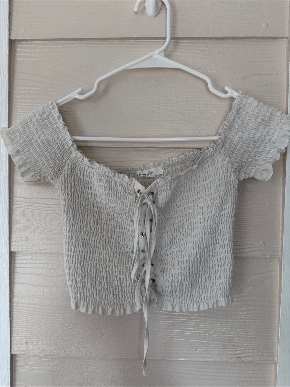 Active USA white Smocked Lace-Up Off-Shoulder Crop Top